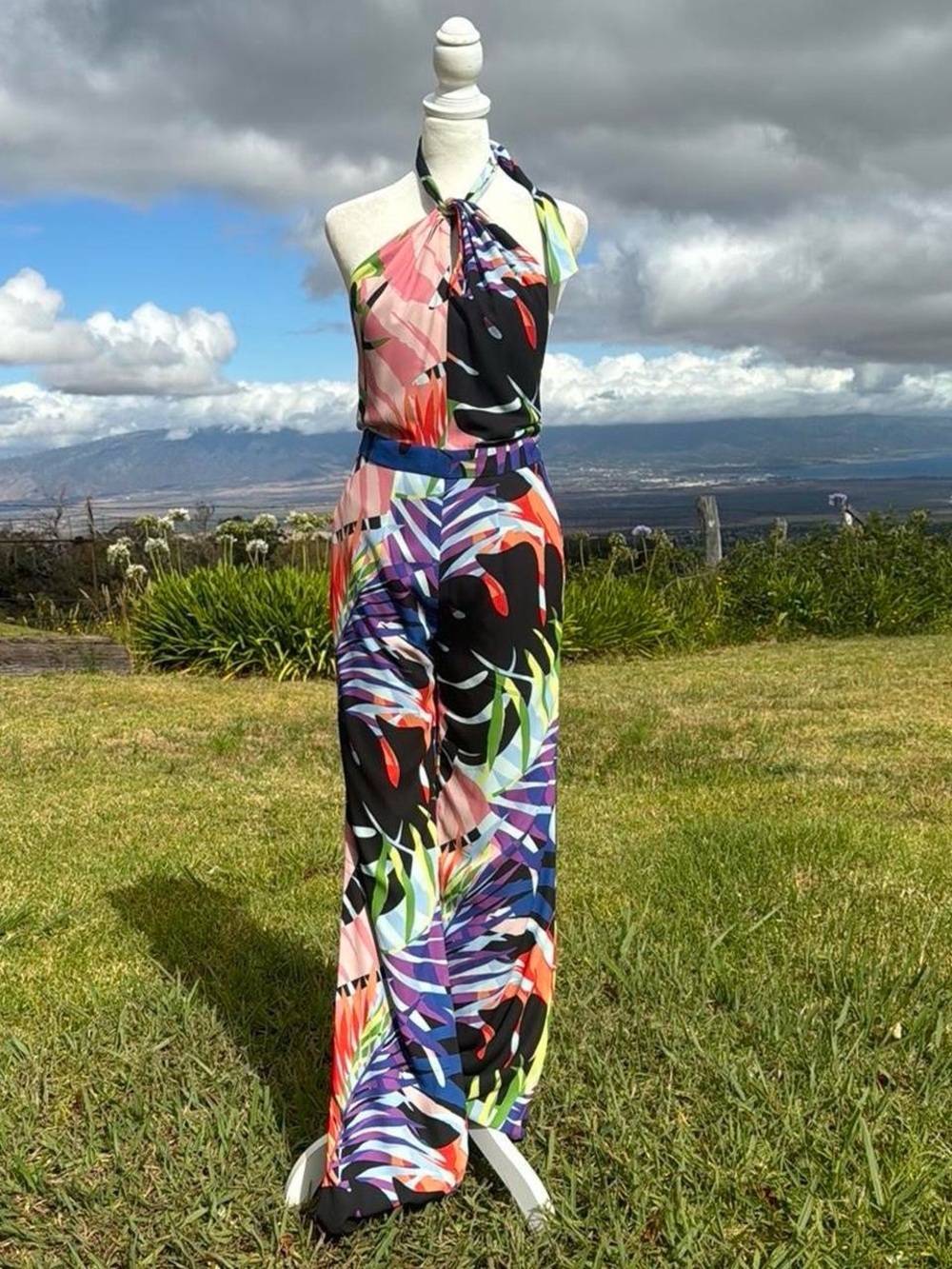 NWT Natori tropical Resortwear Monstera Jumpsuit halter Flare leg Retro  Size 0